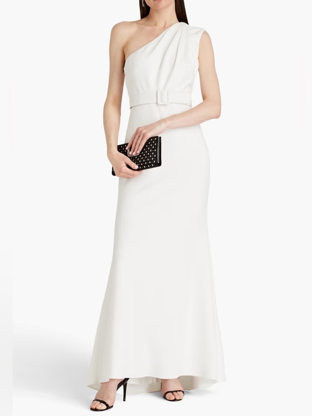Badgley Mischka One Shoulder Belted Crepe Gown White NWT Size 8